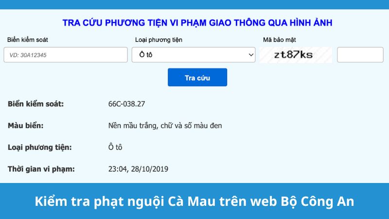 Kiểm tra phạt nguội Cà Mau trên web Bộ Công An