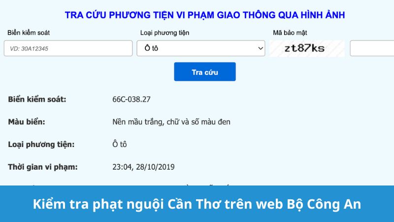 Kiểm tra phạt nguội Cần Thơ trên web Bộ Công An